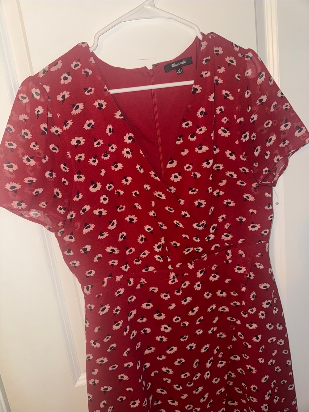 Madewell Wrap-Front Mini Dress sheer sleeves red Floral Size 10 cottagecore - Picture 2 of 6